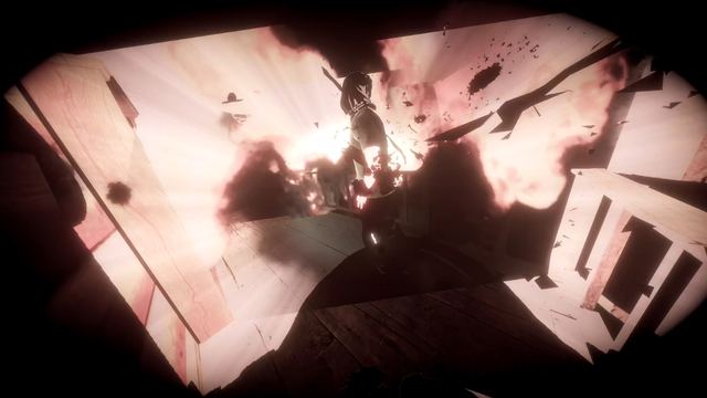 An explosion tearing a wooden room apart