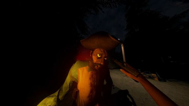 A man in a tricorn hat stepping out of the dark at a campsite