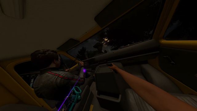A passenger in a yellow van holding a glowing purple gun